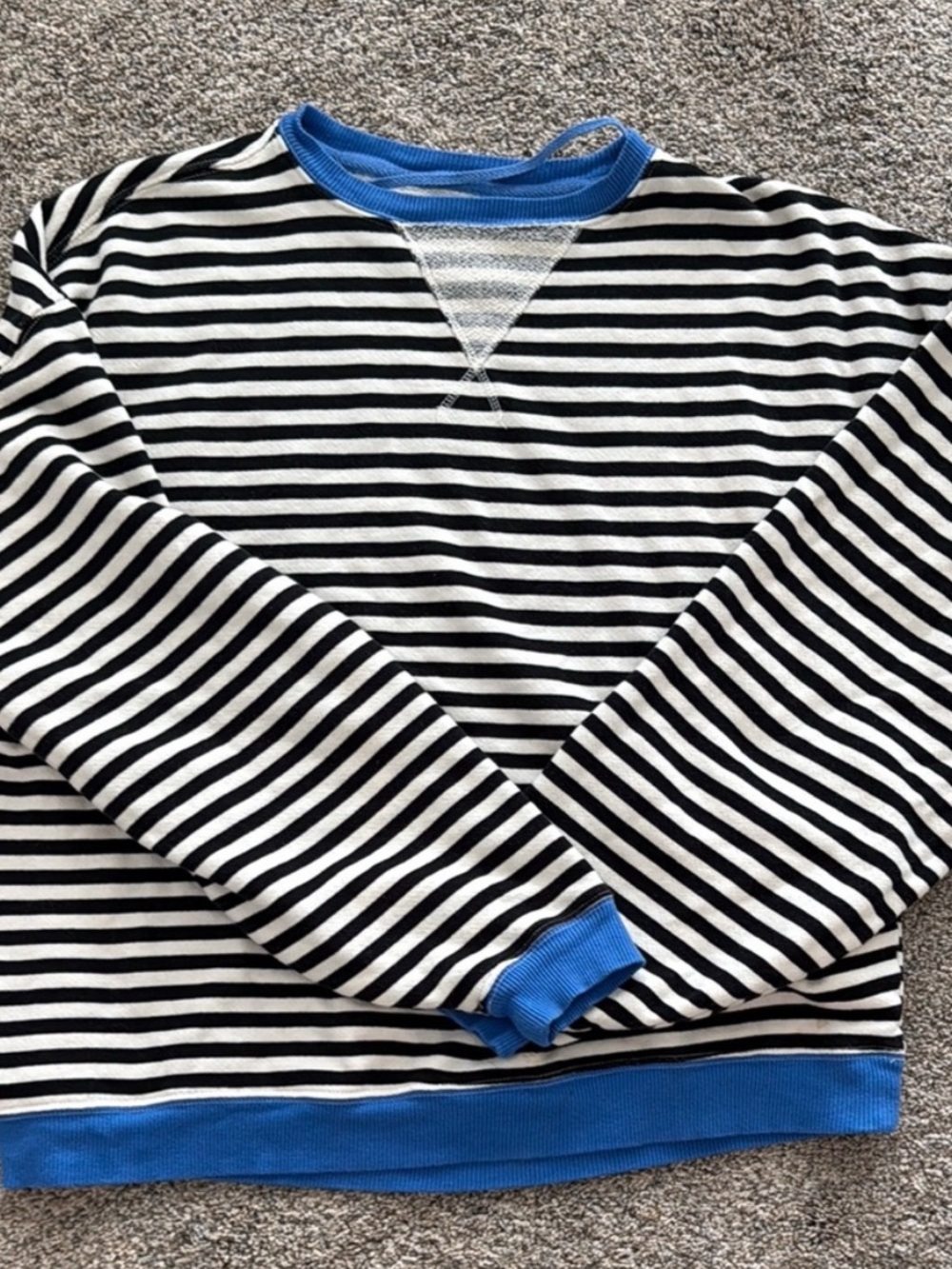 We The Free Black and White Striped Crewneck with Blue Trim